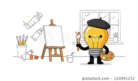 Light bulb character painting on canvas with artistic tools and window background vector illustration 128991252