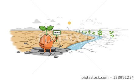 Sprout character standing on cracked dry soil showing growth sign near river vector illustration Sprout character standing on cracked dry soil showing growth sign near river vector illustration 128991254