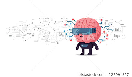 Brain with Virtual Reality Headset and Digital Network Connections Vector Illustration 128991257