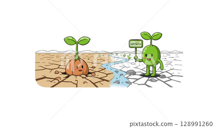 Green Plant Character Showing Growth in Dry and Watered Soil Vector Illustration 128991260