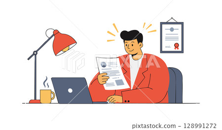 Man reading certificate at desk with laptop and lamp in modern office vector illustration Man reading certificate at desk with laptop and lamp in modern office vector illustration 128991272
