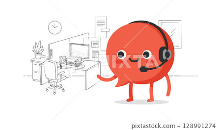 Cute orange customer support mascot with headset in office environment vector illustration 128991274