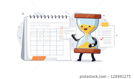 Hourglass and Daily Planner Concept with Checklist and Time Management Illustration 128991275