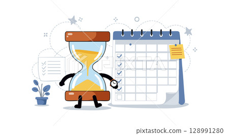 Hourglass character with checklist calendar and time management concept vector illustration Hourglass character with checklist calendar and time management concept vector illustration 128991280