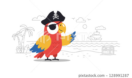 Pirate parrot colorful tropical bird with eye patch and hat vector illustration 128991287
