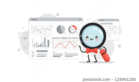 Cute Magnifying Glass Character Analyzing Data and Charts in Digital Interface Vector Illustration Cute Magnifying Glass Character Analyzing Data and Charts in Digital Interface Vector Illustration 128991288