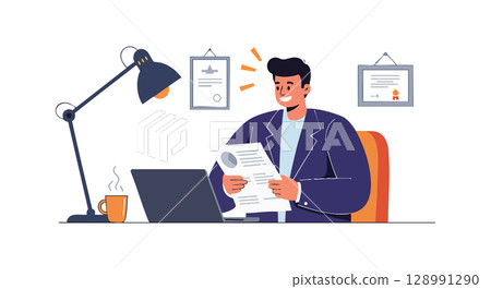 Businessman Reading Document in Office with Laptop and Lamp Illustration Businessman Reading Document in Office with Laptop and Lamp Illustration 128991290