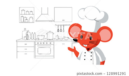 Cartoon red mouse chef character in white kitchen cooking illustration vector 128991291