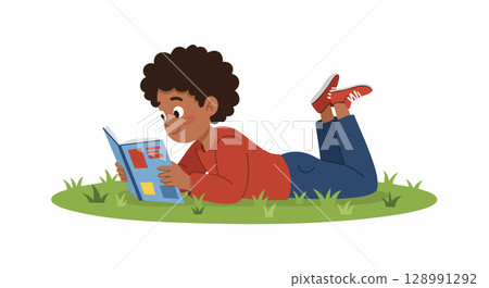 Boy Lying on Grass Reading Book Outdoor Relaxation Childhood Activity Vector Illustration Boy Lying on Grass Reading Book Outdoor Relaxation Childhood Activity Vector Illustration 128991292