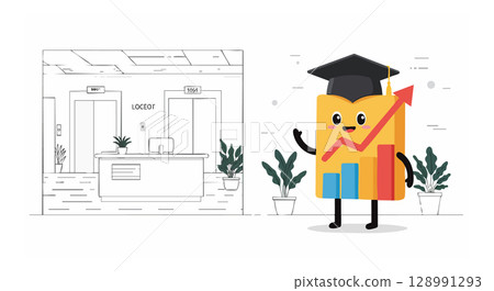 Graduation cap book character with growth chart in modern office interior vector illustration Graduation cap book character with growth chart in modern office interior vector illustration 128991293