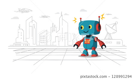 Blue and red playful robot with antennae in futuristic cityscape vector illustration Blue and red playful robot with antennae in futuristic cityscape vector illustration 128991294