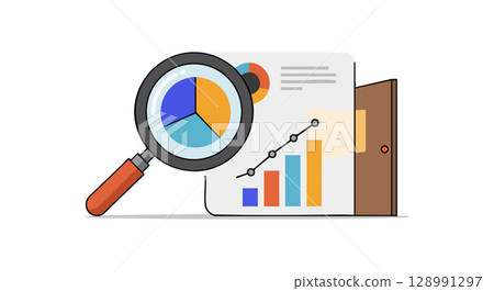 Business analytics report with magnifying glass and door illustration vector graphic Business analytics report with magnifying glass and door illustration vector graphic 128991297