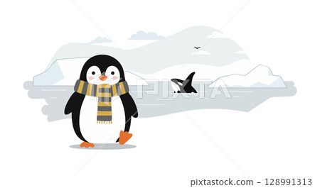 Penguin wearing striped scarf on icy landscape with orca whale and icebergs vector illustration 128991313