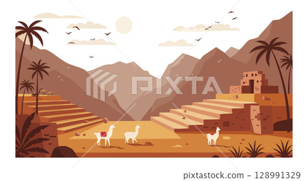 Mountain landscape with llamas and ancient ruins in desert valley vector illustration 128991329