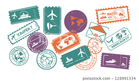 Travel Stamps and Postage Vector Illustration with Airplane and World Map Elements Travel Stamps and Postage Vector Illustration with Airplane and World Map Elements 128991334
