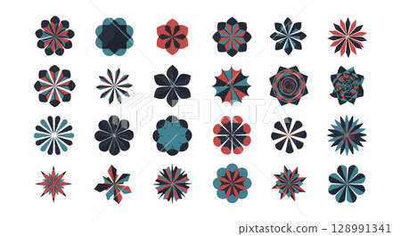 Abstract geometric flower shapes vector set with red and blue colors for design elements 128991341