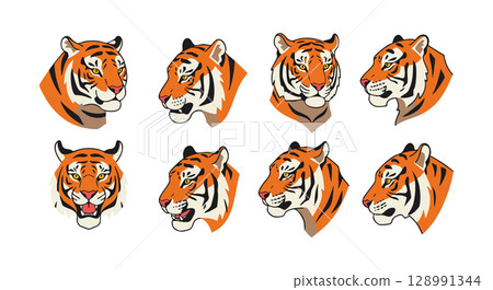 Tiger head set with various expressions and poses in orange and black vector illustration 128991344
