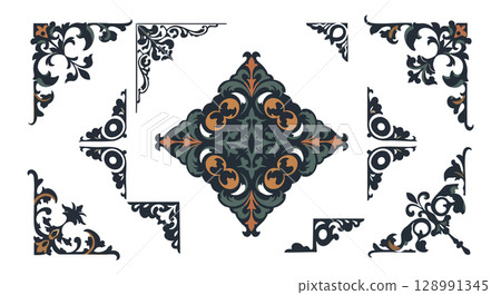 Ornate vintage decorative corner and center floral patterns in dark blue and brown vector design Ornate vintage decorative corner and center floral patterns in dark blue and brown vector design 128991345