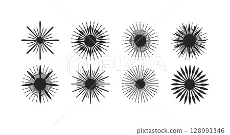 Abstract black sunburst rays vector set with radial line designs and circular centers for graphic projects 128991346