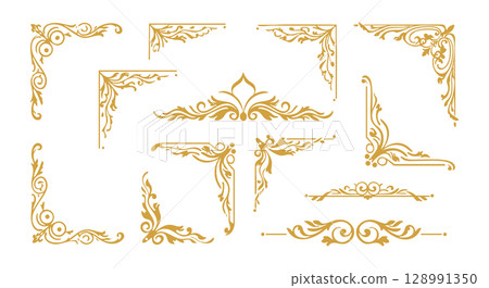 Decorative golden ornamental corner and border elements vector illustration set 128991350