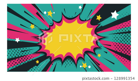 Comic style explosion burst with stars and dynamic teal pink yellow colors vector illustration 128991354