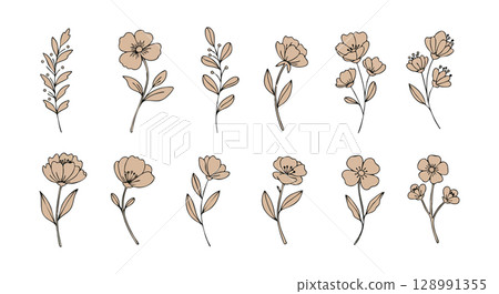 Hand Drawn Simple Brown Floral Elements with Leaves Vector Illustration for Design Projects 128991355