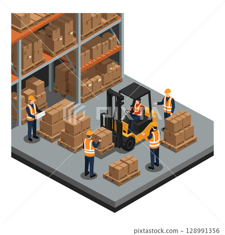 Warehouse workers operating forklift and handling cardboard boxes in industrial storage area vector illustration 128991356