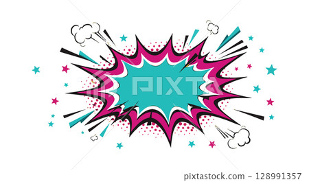 Comic Style Explosion Background with Dynamic Burst and Colorful Stars Vector Illustration 128991357