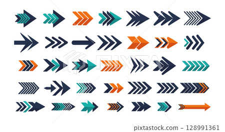 Colorful stylized arrow icons set with blue orange and teal accents for graphic design elements Colorful stylized arrow icons set with blue orange and teal accents for graphic design elements 128991361