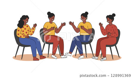 Group of women having discussion in casual clothing sitting on chairs vector illustration Group of women having discussion in casual clothing sitting on chairs vector illustration 128991369