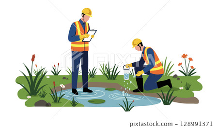 Environmental engineers testing water quality in natural pond with safety vests and helmets 128991371