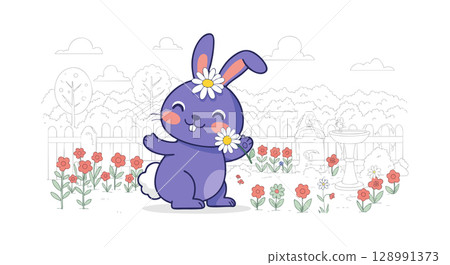 Cute purple bunny with flowers in spring garden vector illustration 128991373