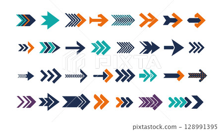 Colorful arrow icons set in blue orange and purple vector illustration design Colorful arrow icons set in blue orange and purple vector illustration design 128991395