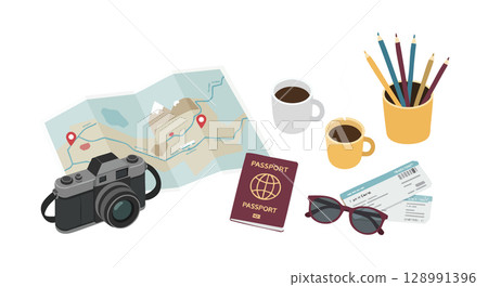 Travel essentials with camera map passport sunglasses coffee and tickets vector illustration Travel essentials with camera map passport sunglasses coffee and tickets vector illustration 128991396