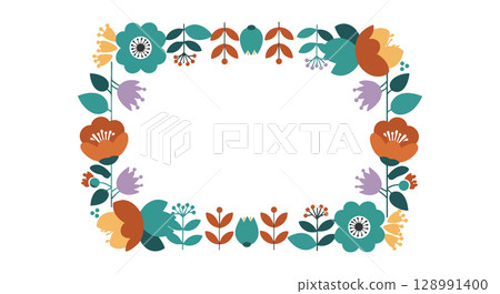 Floral Frame Vector with Orange Purple and Teal Flowers Decorative Border Design Floral Frame Vector with Orange Purple and Teal Flowers Decorative Border Design 128991400