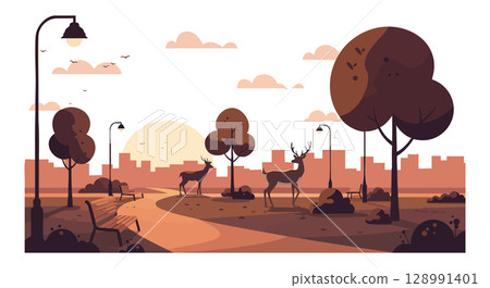 Urban park landscape with deer and sunset city skyline in warm colors vector illustration 128991401