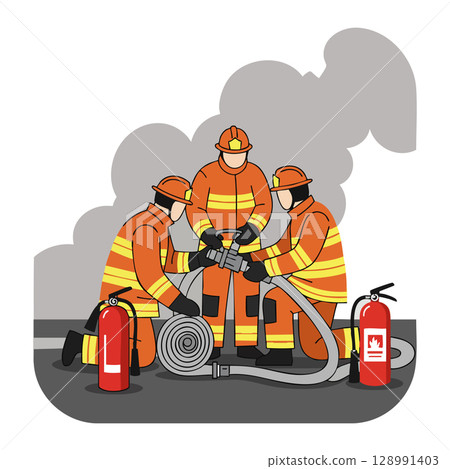 Firefighters team using hose and fire extinguisher in orange uniform vector illustration 128991403
