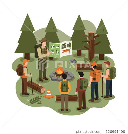Group of hikers learning wildlife and forest safety next to campfire in pine forest vector illustration 128991408