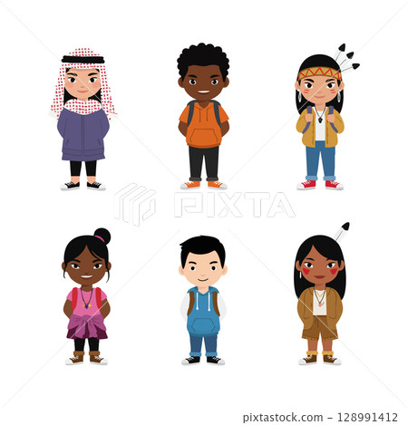 Diverse group of multicultural children wearing traditional and casual clothes vector illustration 128991412