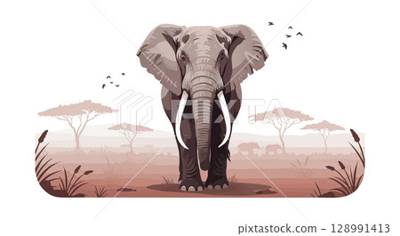 African elephant walking in savannah with acacia trees and birds vector illustration African elephant walking in savannah with acacia trees and birds vector illustration 128991413