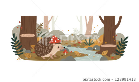 Hedgehog in autumn forest with mushrooms and stream natural outdoor landscape vector illustration 128991418