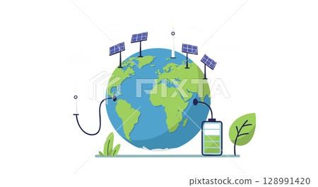 Earth globe with solar panels and battery charging renewable energy concept vector illustration Earth globe with solar panels and battery charging renewable energy concept vector illustration 128991420
