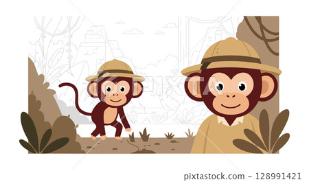 Curious monkeys exploring jungle scene with brown and beige colors vector illustration 128991421
