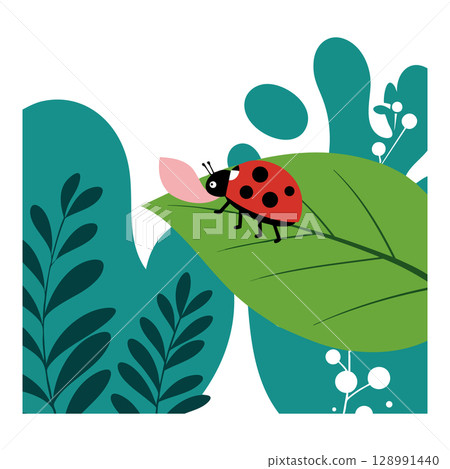 Ladybug on green leaf with teal plants vector illustration in nature setting 128991440