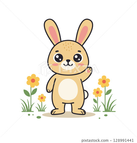 Cute cartoon bunny waving surrounded by yellow flowers on white background vector illustration Cute cartoon bunny waving surrounded by yellow flowers on white background vector illustration 128991441