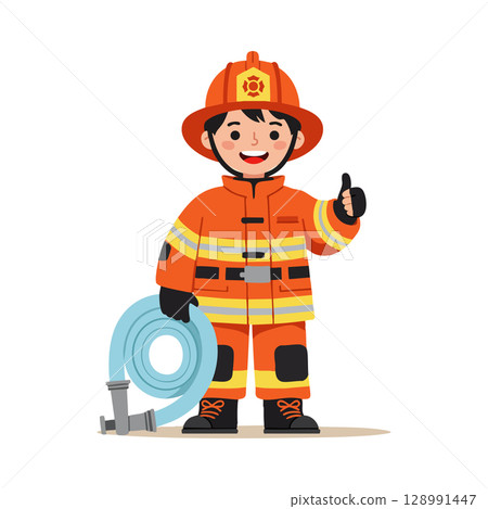 Firefighter in orange uniform holding hose giving thumbs up gesture vector illustration Firefighter in orange uniform holding hose giving thumbs up gesture vector illustration 128991447