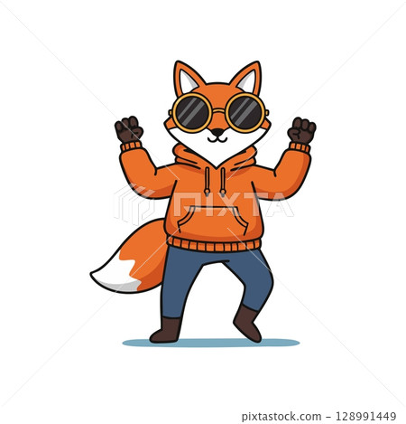 Fox Wearing Orange Hoodie and Sunglasses Dancing Vector Illustration Cool Character Design Fox Wearing Orange Hoodie and Sunglasses Dancing Vector Illustration Cool Character Design 128991449