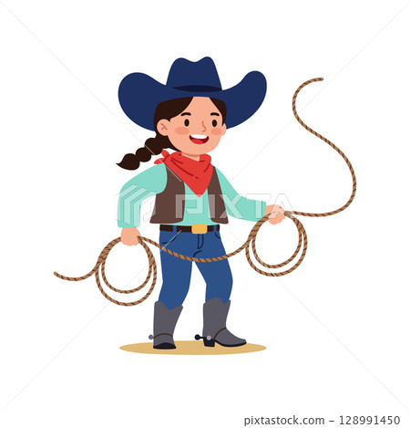 Girl cowboy character holding lasso rope in western outfit vector illustration Girl cowboy character holding lasso rope in western outfit vector illustration 128991450
