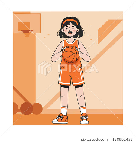 Girl basketball player in orange sportswear holding ball on indoor court vector illustration Girl basketball player in orange sportswear holding ball on indoor court vector illustration 128991455