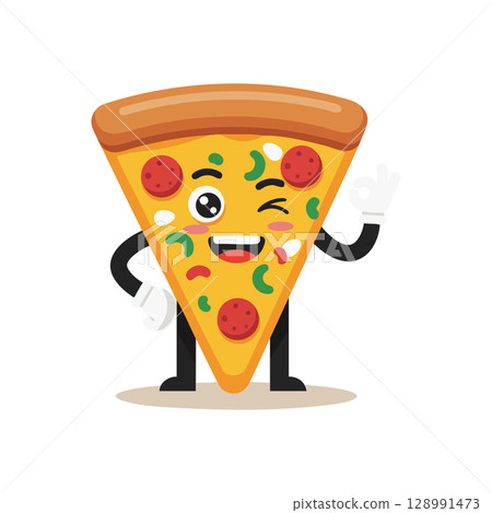 Cartoon happy pizza slice winking and making okay hand gesture vector illustration Cartoon happy pizza slice winking and making okay hand gesture vector illustration 128991473